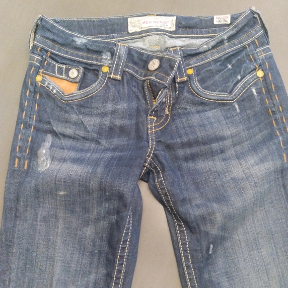 MEK Boulder Distressed Jeans Dark Wash w/ Leather Pocket Trim 26 - Picture 2 of 7